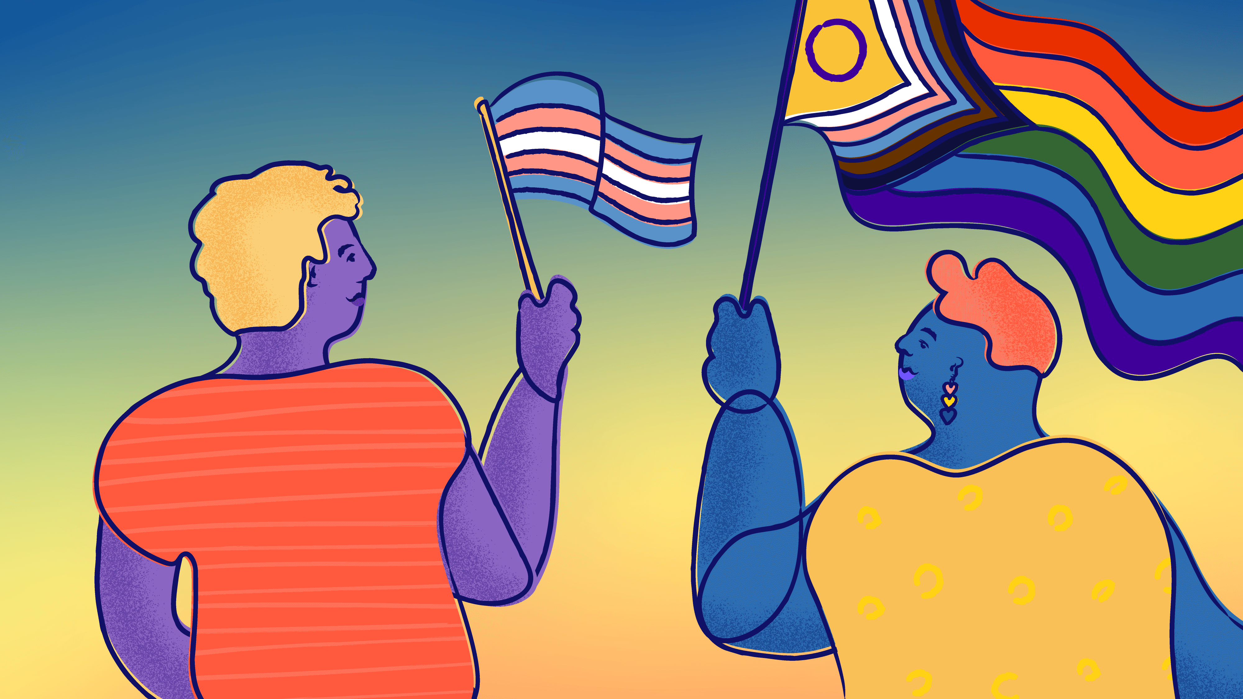 Two smiling young people wave the Trans and Progress Pride flag.